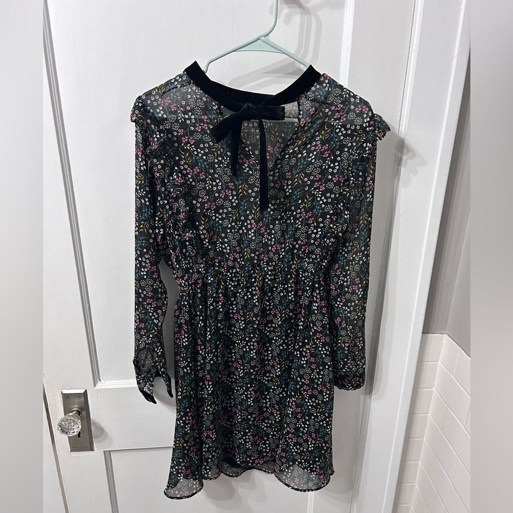 Zara Black Floral Dress with Velvet Bow